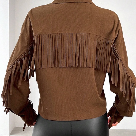 Womens Boho Faux Suede Ribbed Brown Fringed Jacket Sz large - Picture 2 of 5